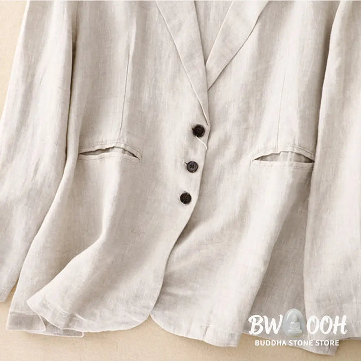 Buddha Stones Commute Retro Pure Color Lapel Cotton Linen Women’s Jacket With Pockets - Women’s Jacket
