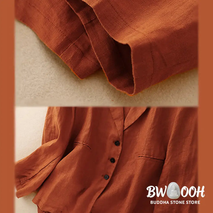 Buddha Stones Commute Retro Pure Color Lapel Cotton Linen Women’s Jacket With Pockets - Women’s Jacket
