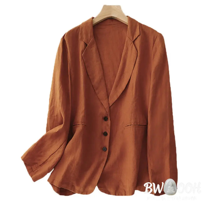 Buddha Stones Commute Retro Pure Color Lapel Cotton Linen Women’s Jacket With Pockets - Women’s Jacket