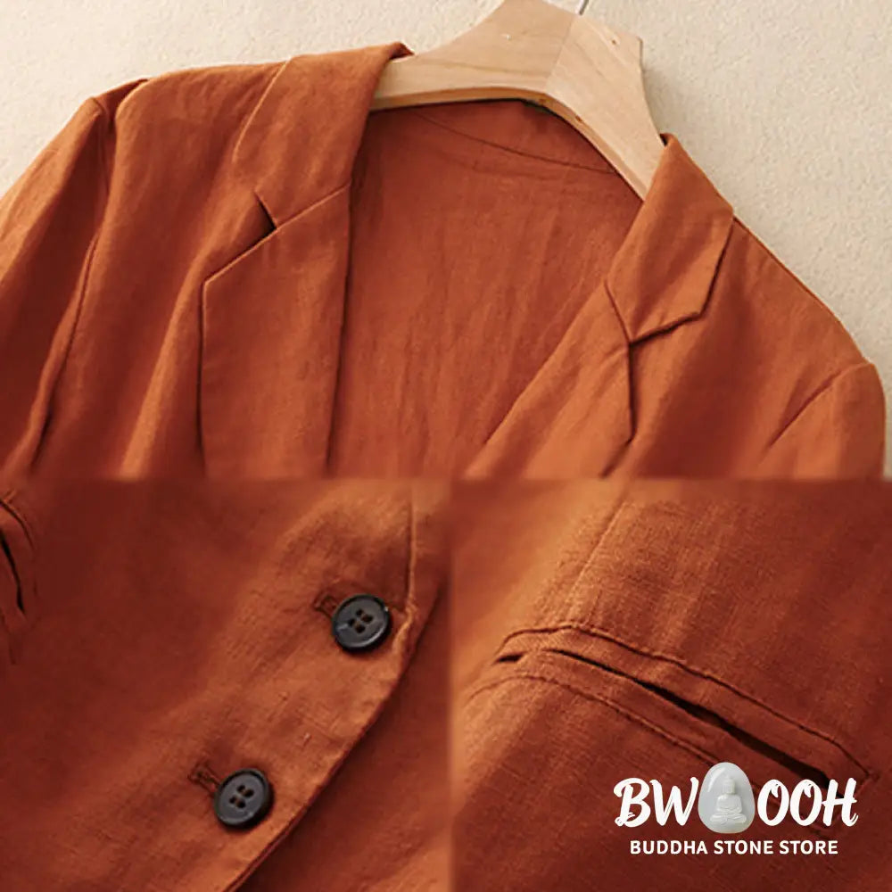 Buddha Stones Commute Retro Pure Color Lapel Cotton Linen Women’s Jacket With Pockets - Women’s Jacket