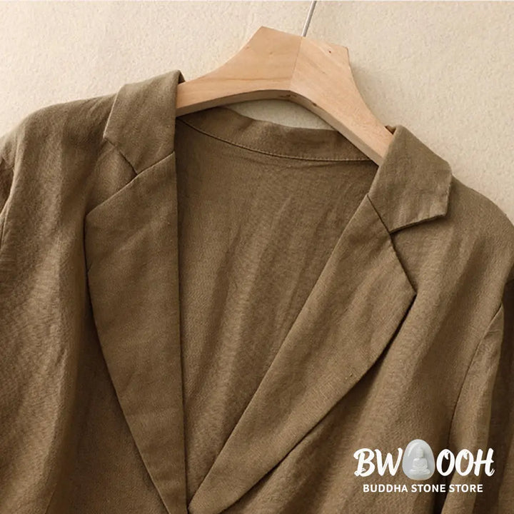 Buddha Stones Commute Retro Pure Color Lapel Cotton Linen Women’s Jacket With Pockets - Women’s Jacket