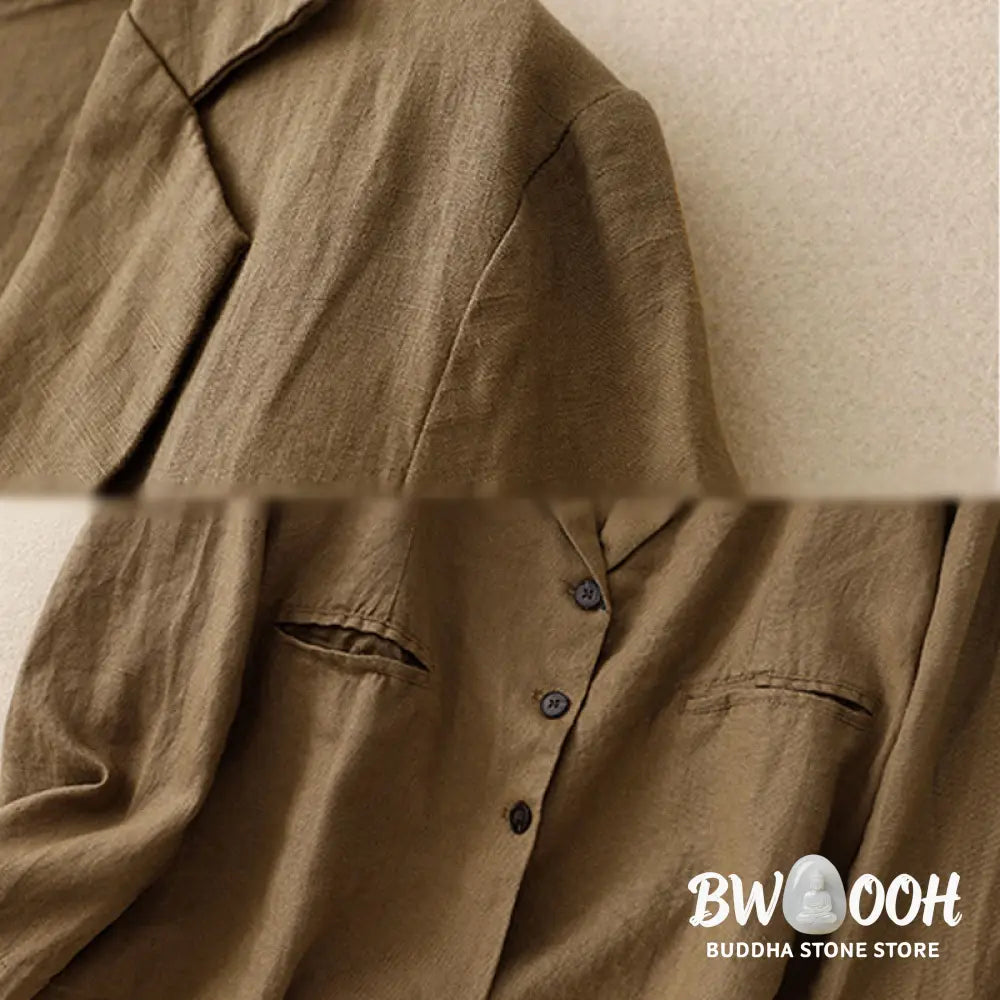 Buddha Stones Commute Retro Pure Color Lapel Cotton Linen Women’s Jacket With Pockets - Women’s Jacket
