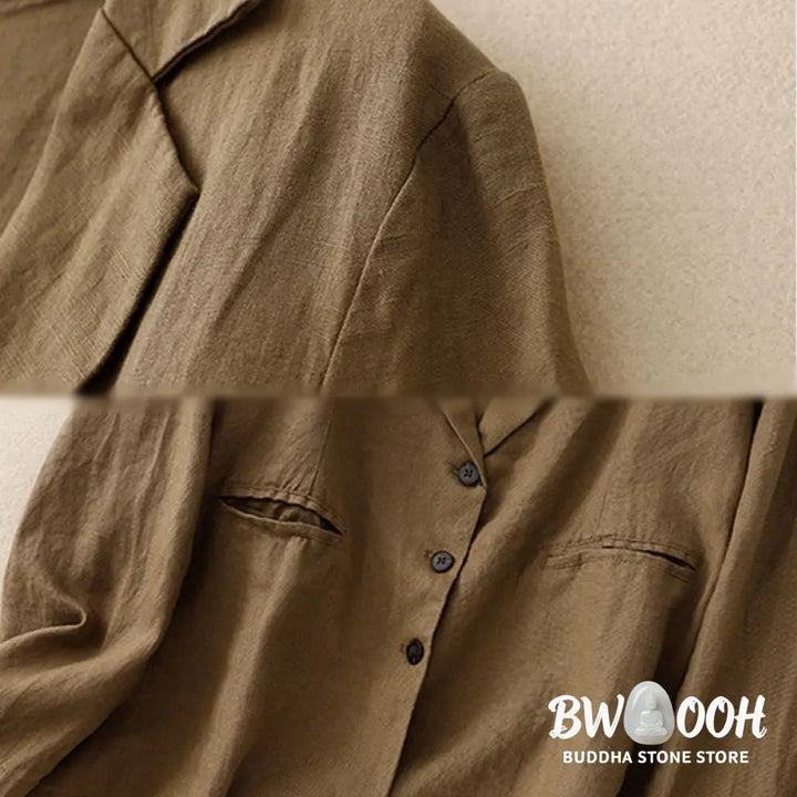 Buddha Stones Commute Retro Pure Color Lapel Cotton Linen Women’s Jacket With Pockets - Women’s Jacket