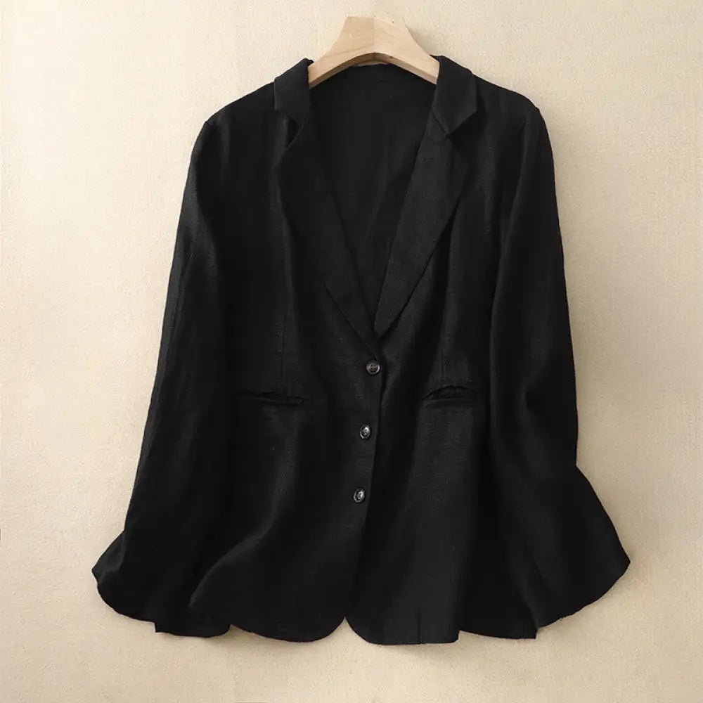 Buddha Stones Commute Retro Pure Color Lapel Cotton Linen Women’s Jacket With Pockets - Black / US6，UK/AU10，EU38 (M)