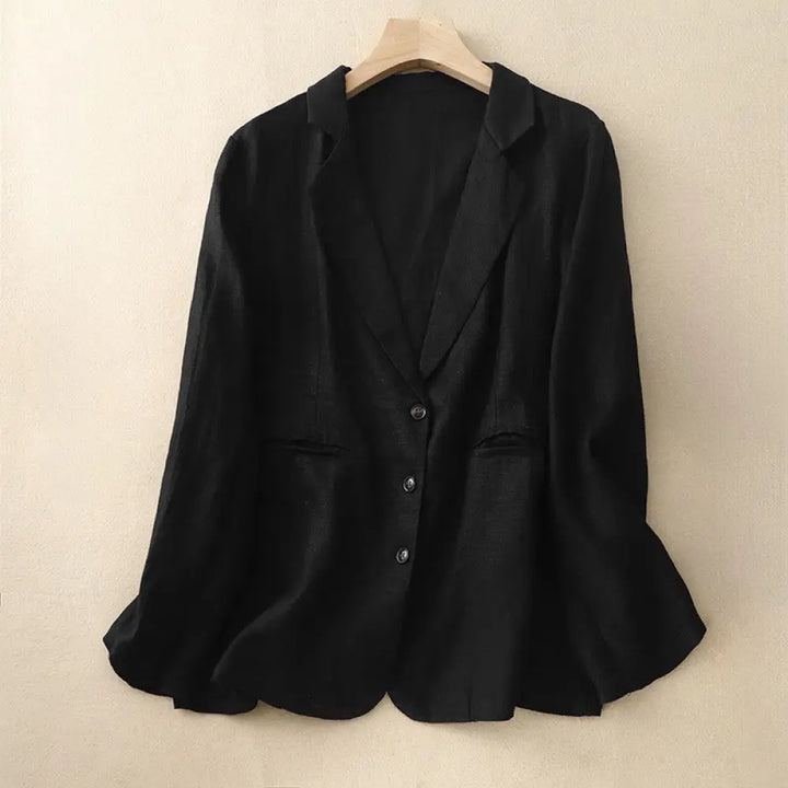Buddha Stones Commute Retro Pure Color Lapel Cotton Linen Women’s Jacket With Pockets - Black / US6，UK/AU10，EU38 (M)