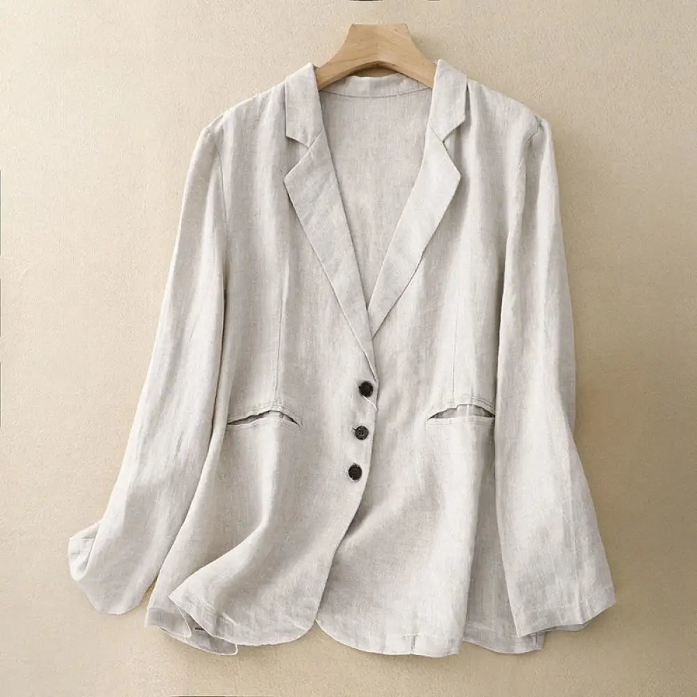 Buddha Stones Commute Retro Pure Color Lapel Cotton Linen Women’s Jacket With Pockets - FloralWhite / US6，UK/AU10，EU38