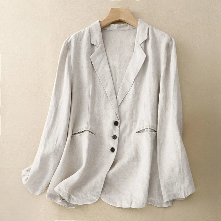 Buddha Stones Commute Retro Pure Color Lapel Cotton Linen Women’s Jacket With Pockets - FloralWhite / US6，UK/AU10，EU38