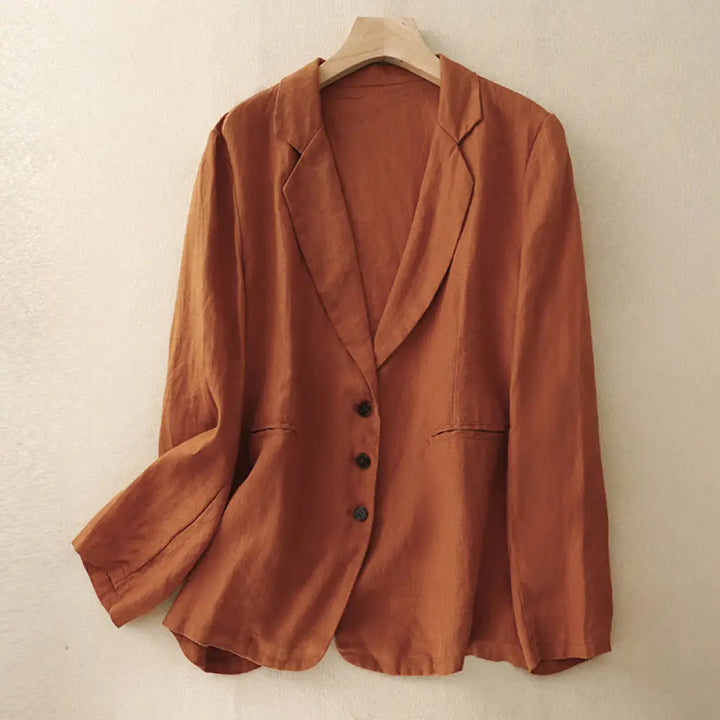 Buddha Stones Commute Retro Pure Color Lapel Cotton Linen Women’s Jacket With Pockets - OrangeRed / US6，UK/AU10，EU38