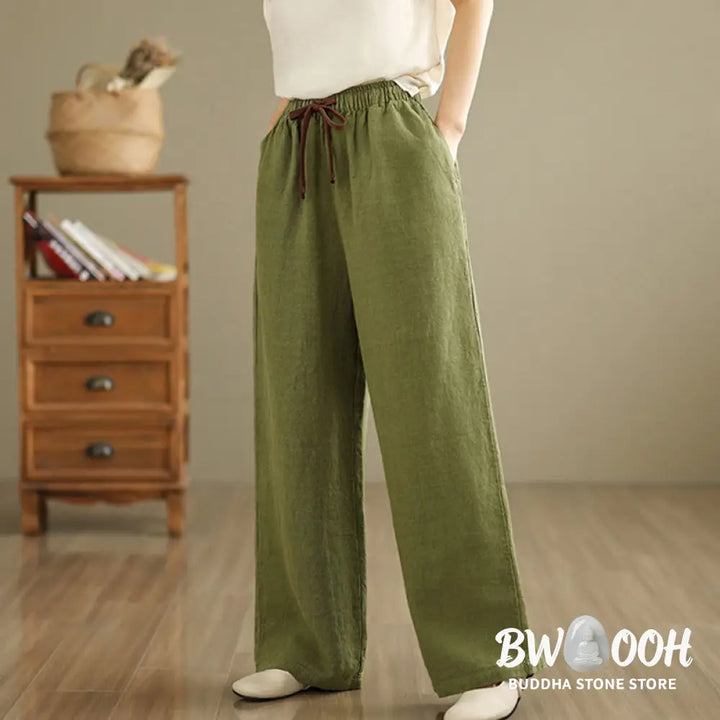 Buddha Stones Commute Retro Solid Color Women’s Harem Drawstring Cotton Pants With Pockets - Women’s Harem Pants