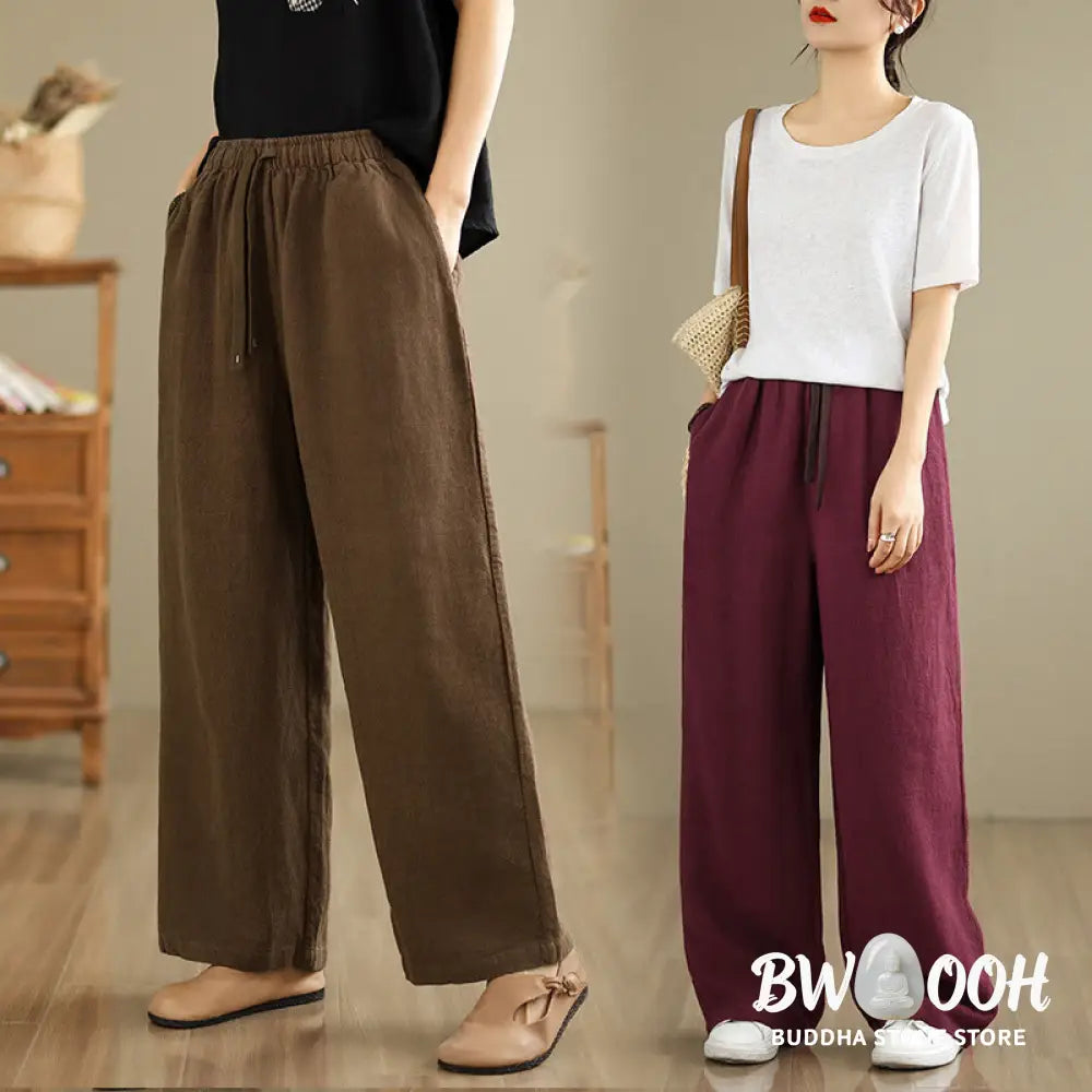 Buddha Stones Commute Retro Solid Color Women’s Harem Drawstring Cotton Pants With Pockets - Women’s Harem Pants