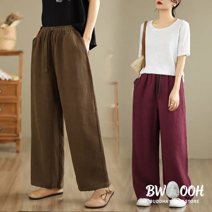 Buddha Stones Commute Retro Solid Color Women’s Harem Drawstring Cotton Pants With Pockets - Women’s Harem Pants