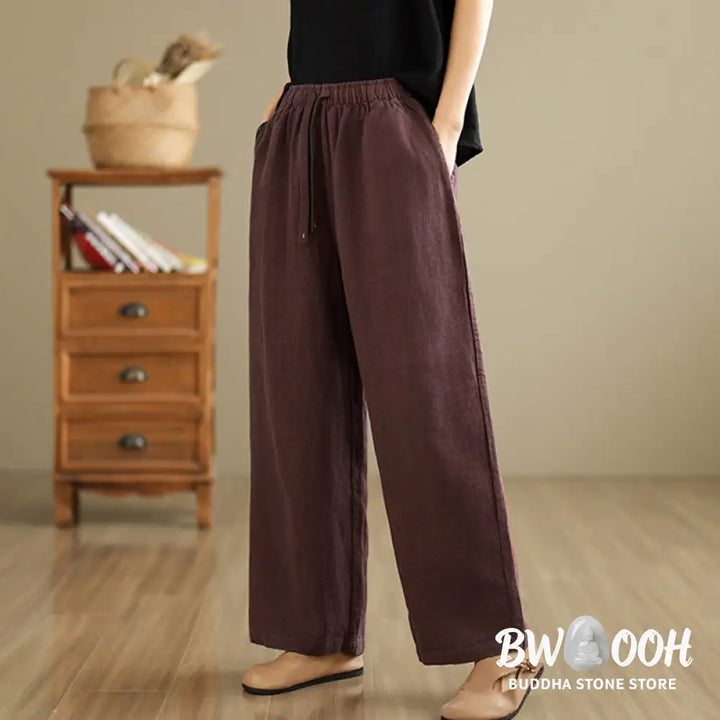 Buddha Stones Commute Retro Solid Color Women’s Harem Drawstring Cotton Pants With Pockets - Women’s Harem Pants