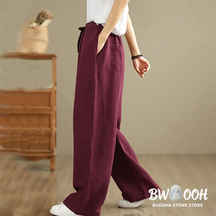 Buddha Stones Commute Retro Solid Color Women’s Harem Drawstring Cotton Pants With Pockets - Women’s Harem Pants