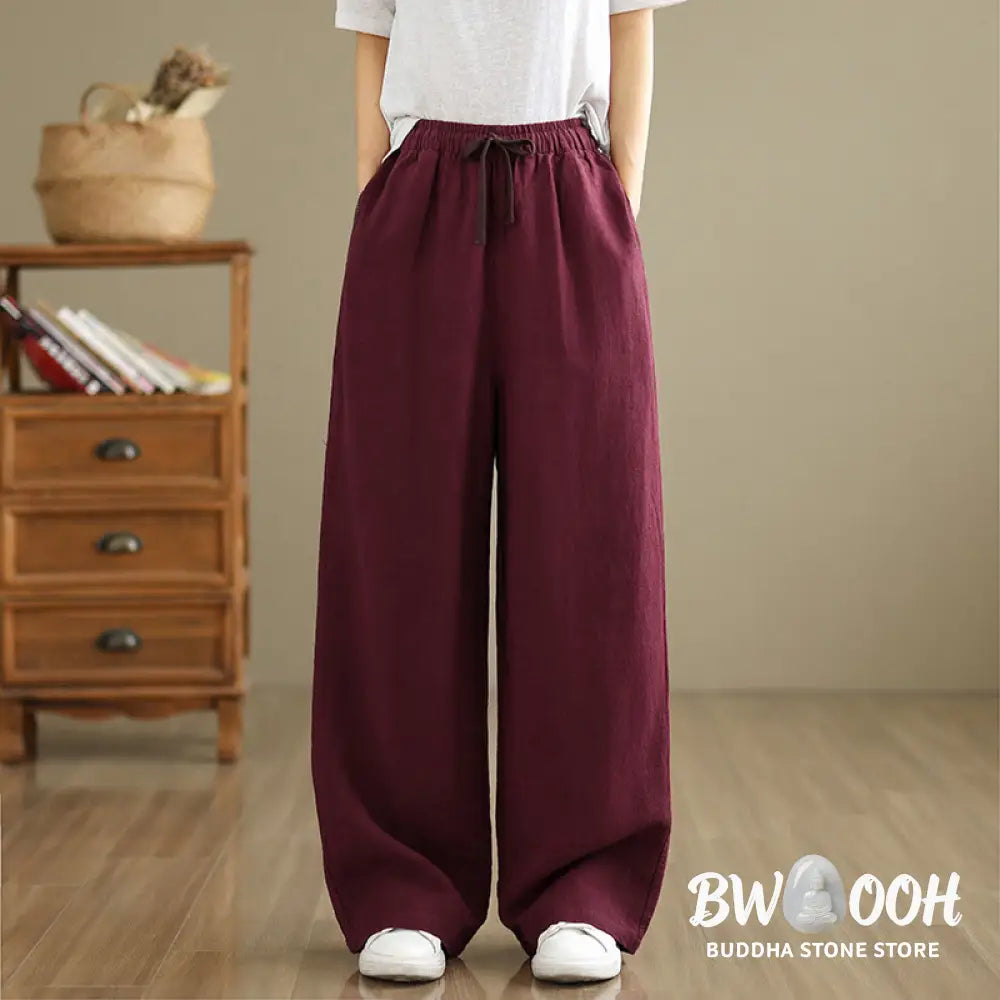 Buddha Stones Commute Retro Solid Color Women’s Harem Drawstring Cotton Pants With Pockets - Women’s Harem Pants