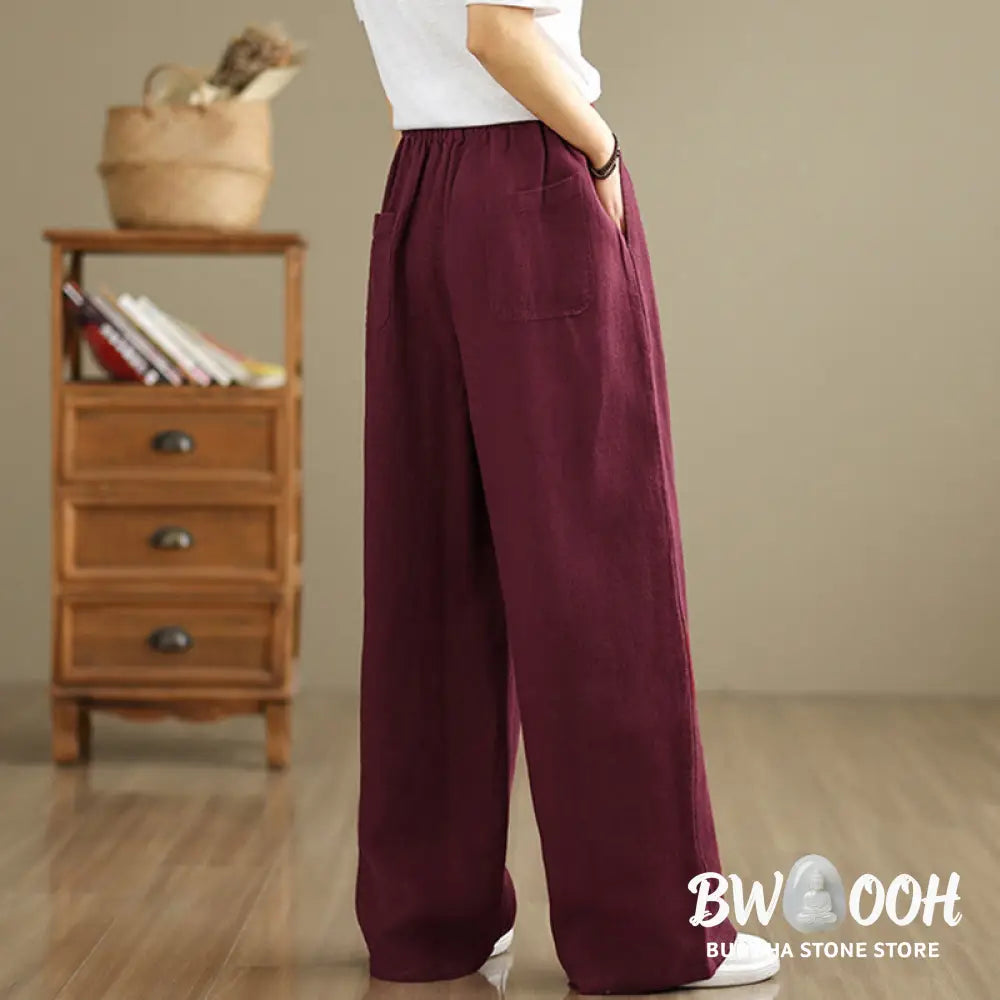 Buddha Stones Commute Retro Solid Color Women’s Harem Drawstring Cotton Pants With Pockets - Women’s Harem Pants
