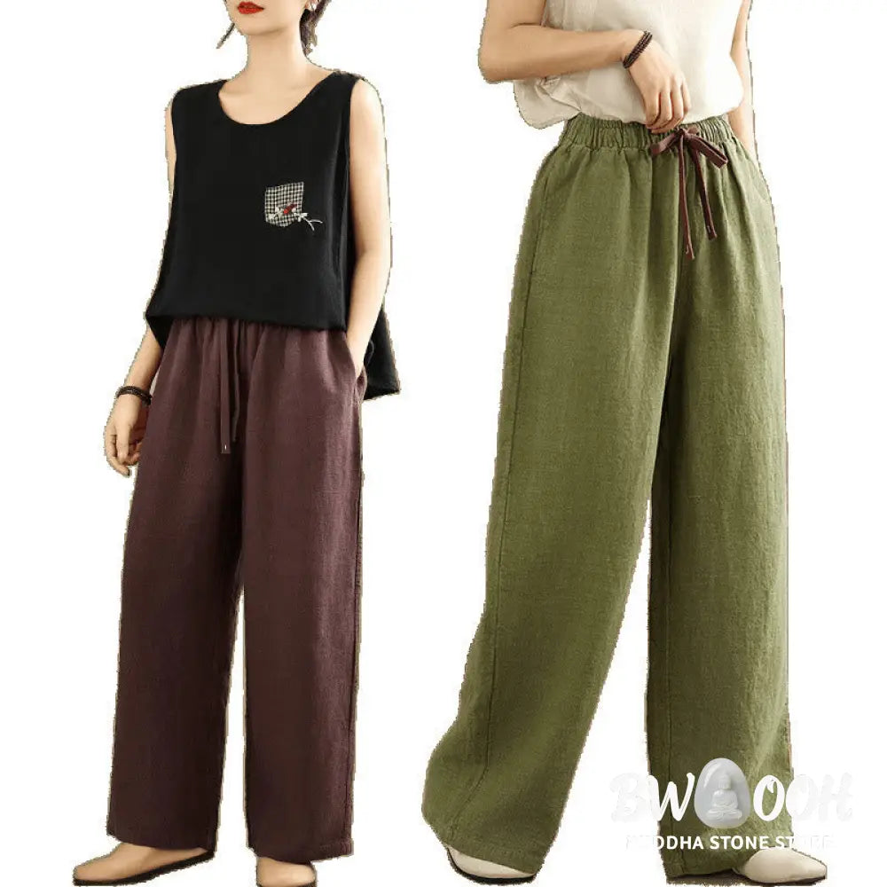 Buddha Stones Commute Retro Solid Color Women’s Harem Drawstring Cotton Pants With Pockets - Women’s Harem Pants