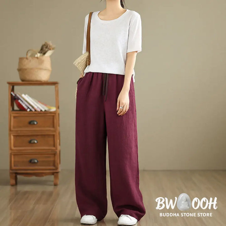 Buddha Stones Commute Retro Solid Color Women’s Harem Drawstring Cotton Pants With Pockets - Women’s Harem Pants