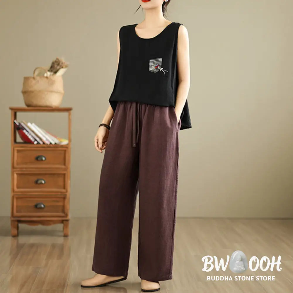 Buddha Stones Commute Retro Solid Color Women’s Harem Drawstring Cotton Pants With Pockets - Women’s Harem Pants