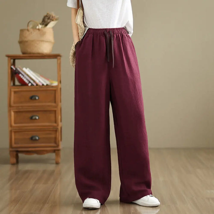Buddha Stones Commute Retro Solid Color Women’s Harem Drawstring Cotton Pants With Pockets - FireBrick