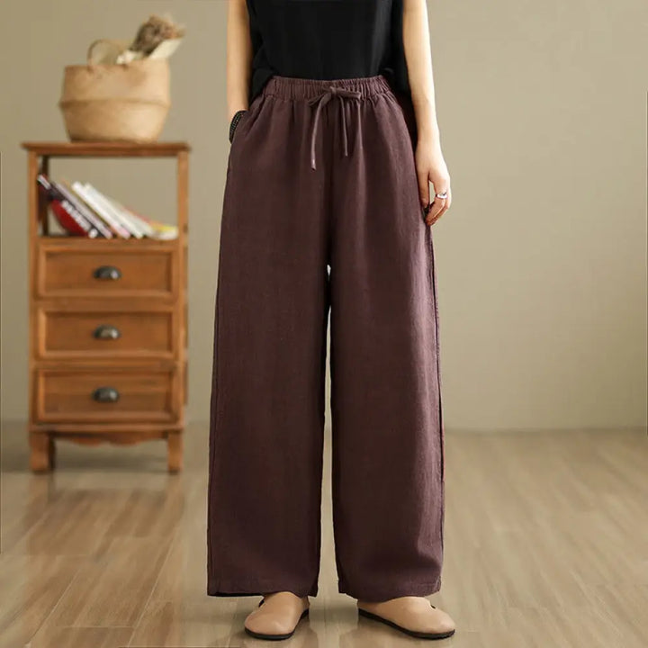 Buddha Stones Commute Retro Solid Color Women’s Harem Drawstring Cotton Pants With Pockets - Maroon / US4，UK/AU8，EU36