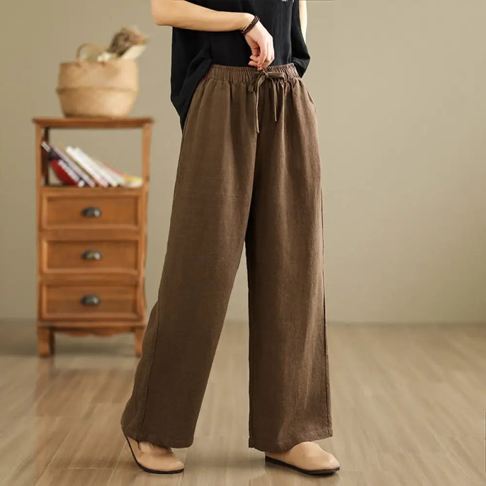 Buddha Stones Commute Retro Solid Color Women’s Harem Drawstring Cotton Pants With Pockets - Sienna / US4，UK/AU8，EU36