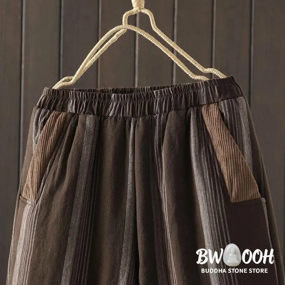 Buddha Stones Commute Thermal Striped Cotton Women’s Harem Pants With Pockets - Women’s Harem Pants