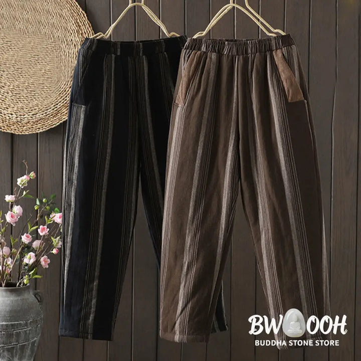 Buddha Stones Commute Thermal Striped Cotton Women’s Harem Pants With Pockets - Women’s Harem Pants