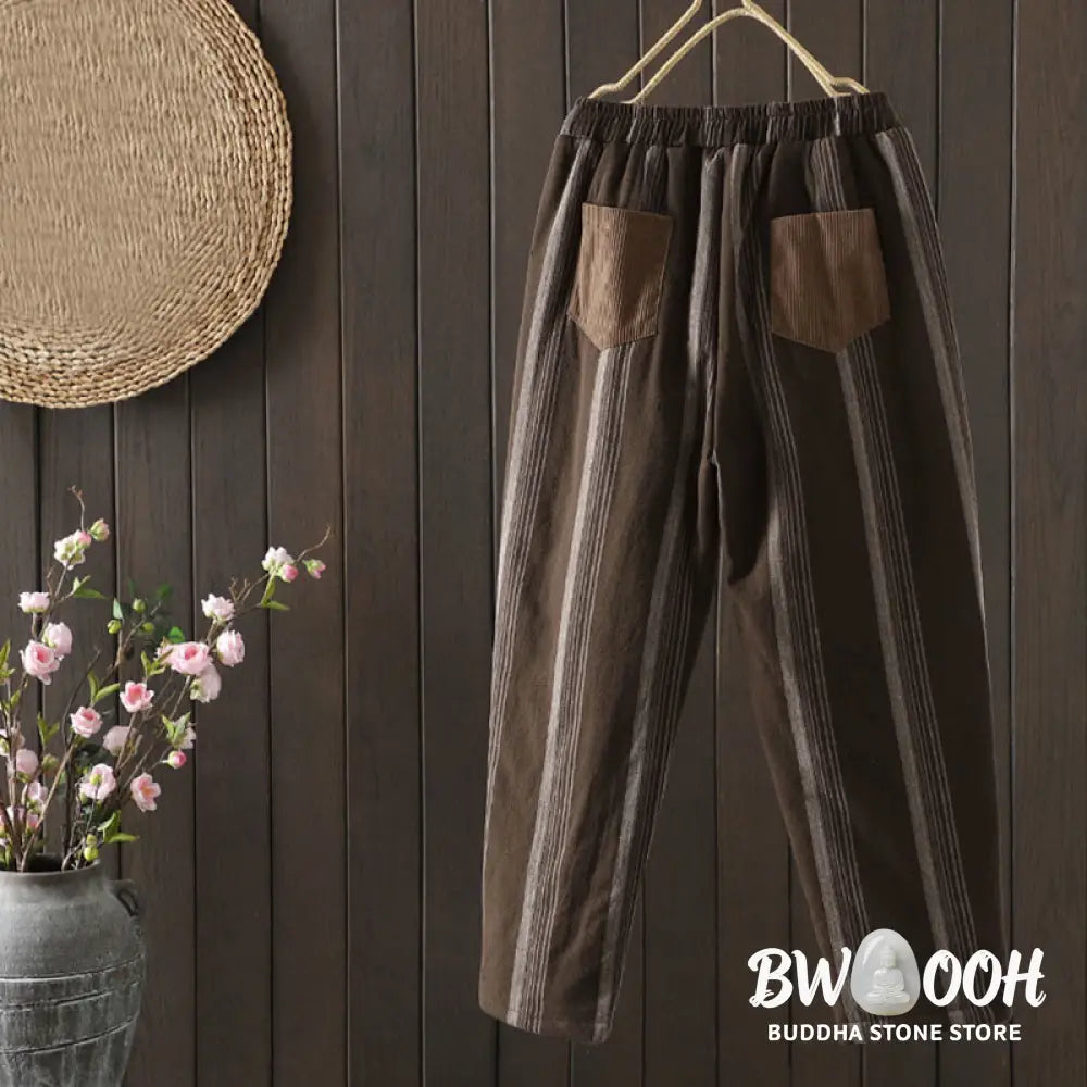 Buddha Stones Commute Thermal Striped Cotton Women’s Harem Pants With Pockets - Women’s Harem Pants