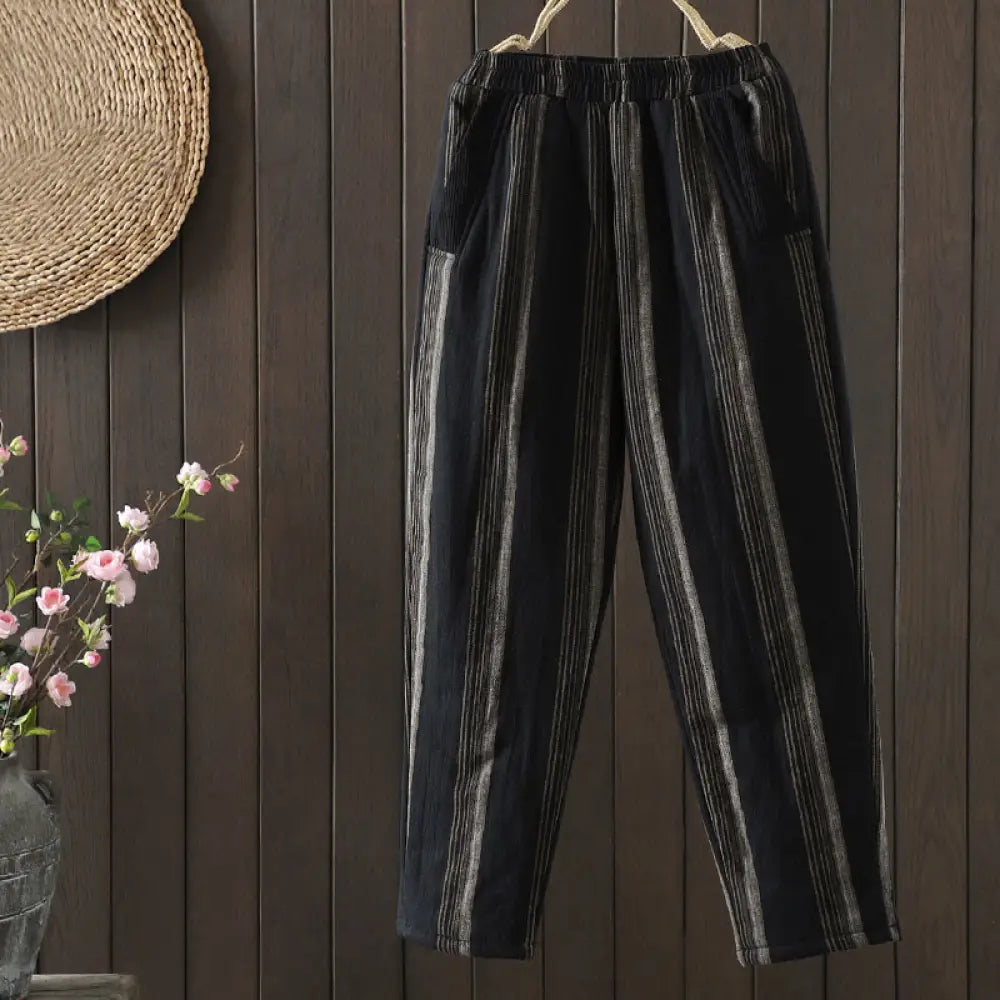 Buddha Stones Commute Thermal Striped Cotton Women’s Harem Pants With Pockets - Black / US4，UK/AU8，EU36 (L) - Women’s