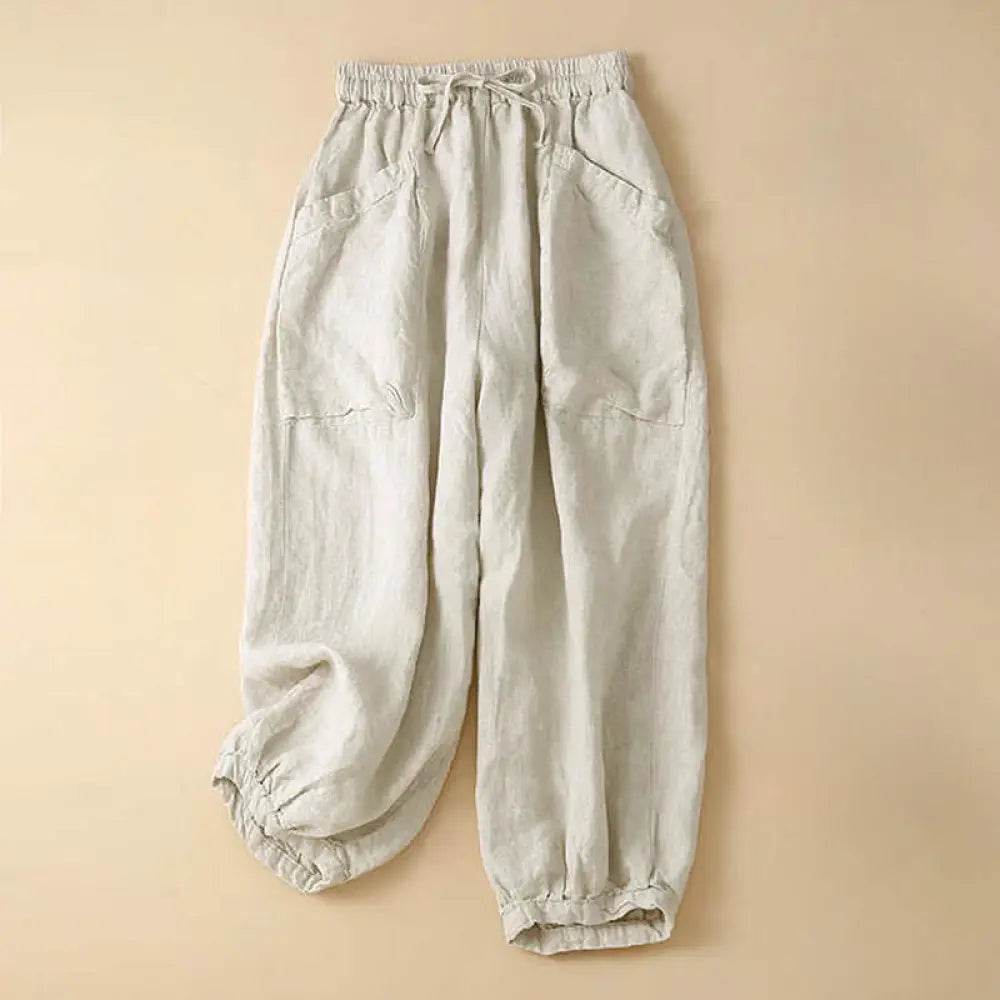 Buddha Stones Commute Women’s Plain Harem Capri Cotton Pants With Pockets - Beige / US4，UK/AU8，EU36 (L) - Women’s Harem