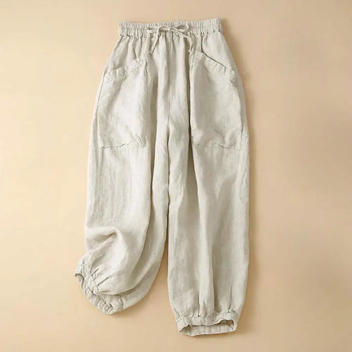 Buddha Stones Commute Women’s Plain Harem Capri Cotton Pants With Pockets - Beige / US4，UK/AU8，EU36 (L) - Women’s Harem