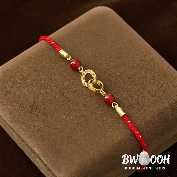 Buddha Stones Connected Peace Buckles Copper Plated Gold Red String Protection Bracelet - Red String(Wrist