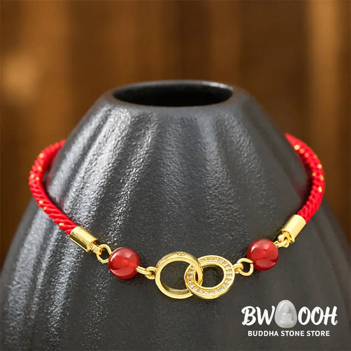 Buddha Stones Connected Peace Buckles Copper Plated Gold Red String Protection Bracelet - Red String(Wrist