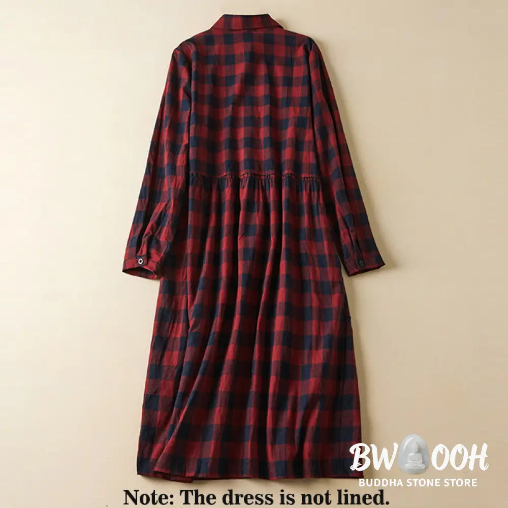 Buddha Stones Contrast Color Plaid Buttons Design Long Sleeve Midi Dress With Pockets - Midi Dress