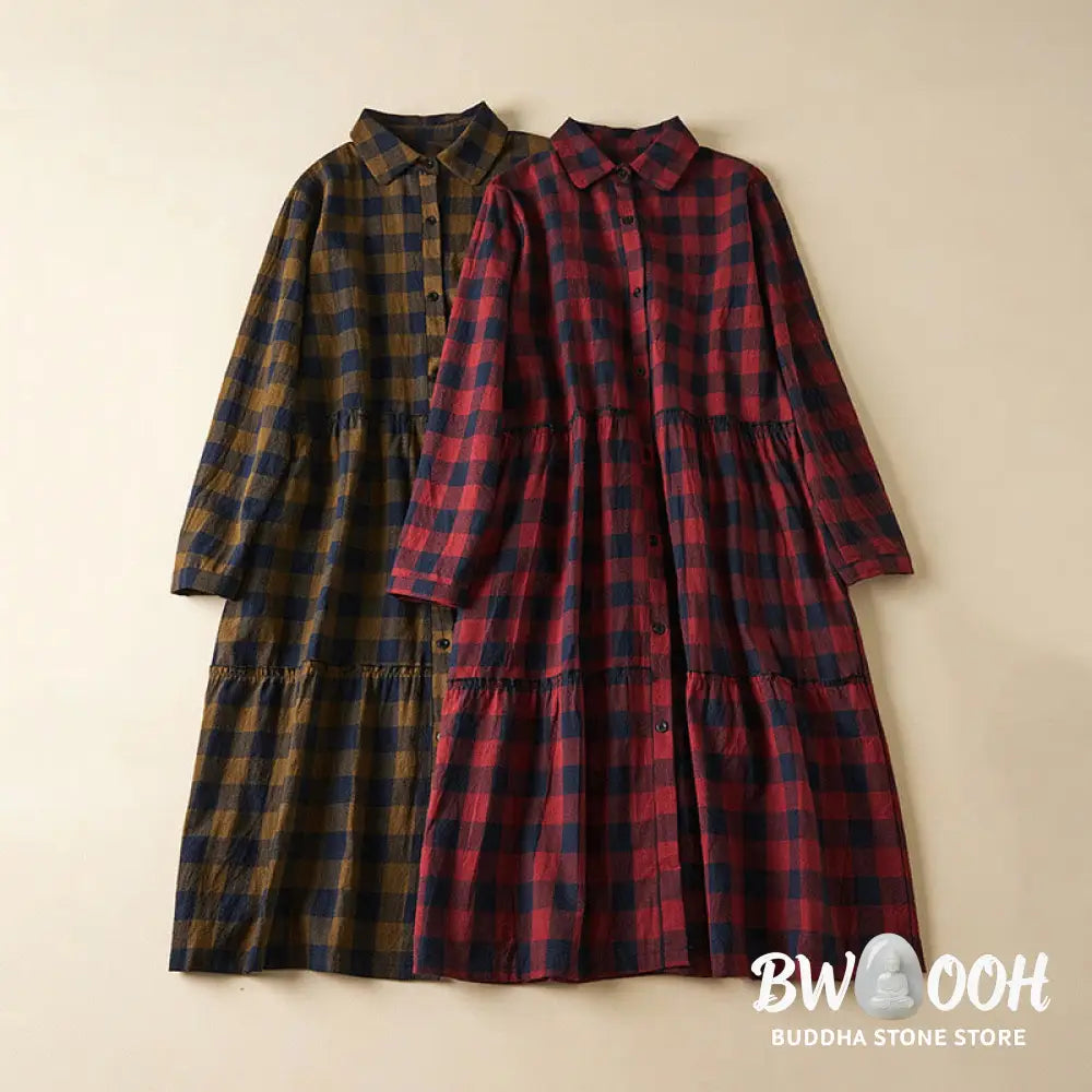 Buddha Stones Contrast Color Plaid Buttons Design Long Sleeve Midi Dress With Pockets - Midi Dress