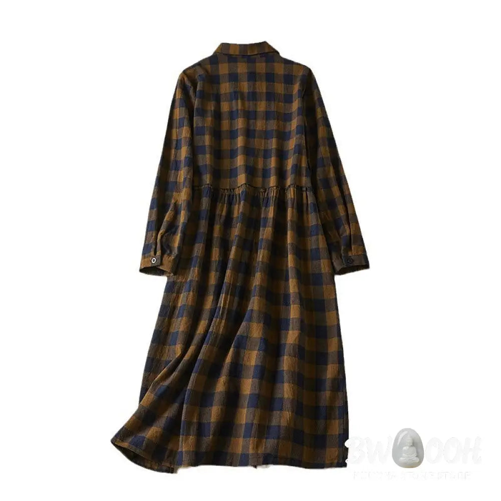 Buddha Stones Contrast Color Plaid Buttons Design Long Sleeve Midi Dress With Pockets - Midi Dress