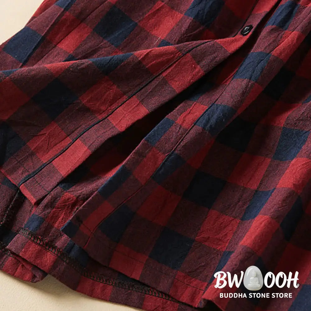 Buddha Stones Contrast Color Plaid Buttons Design Long Sleeve Midi Dress With Pockets - Midi Dress