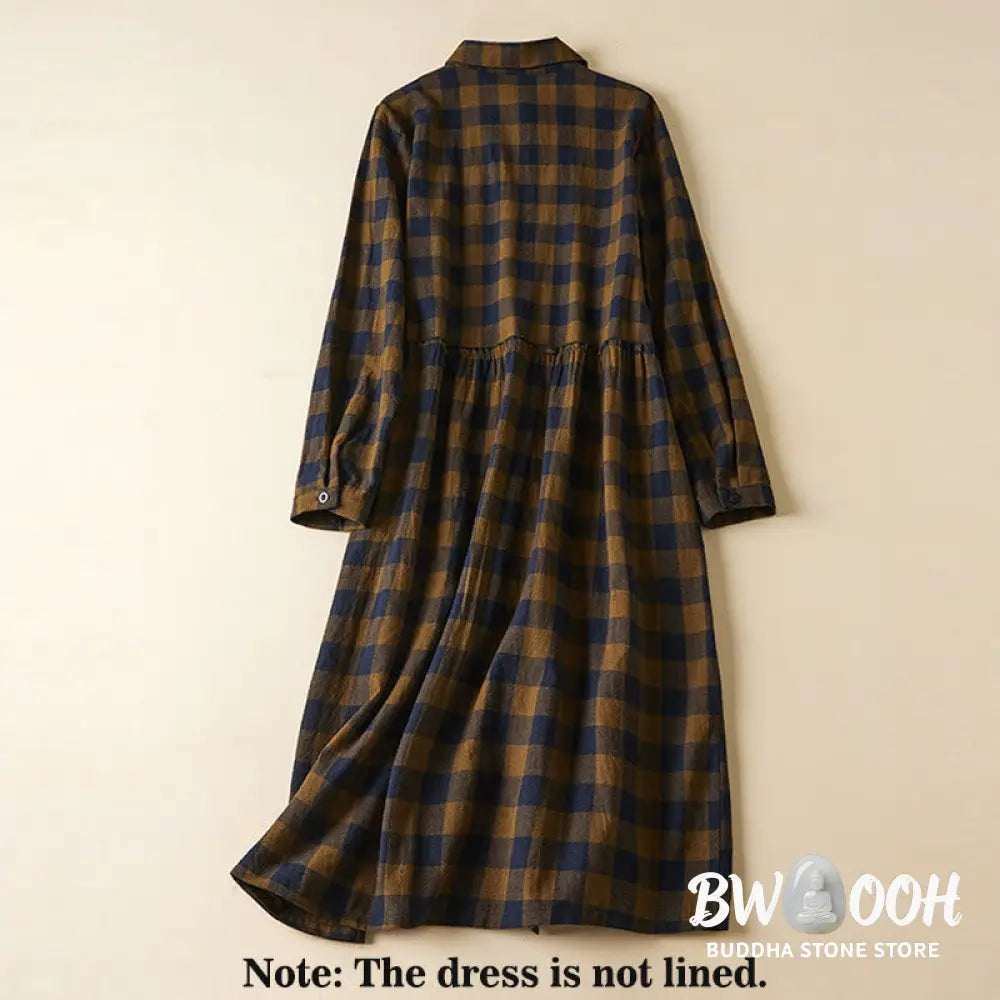 Buddha Stones Contrast Color Plaid Buttons Design Long Sleeve Midi Dress With Pockets - Midi Dress