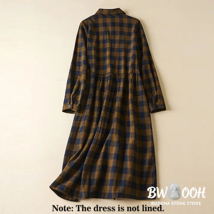 Buddha Stones Contrast Color Plaid Buttons Design Long Sleeve Midi Dress With Pockets - Midi Dress