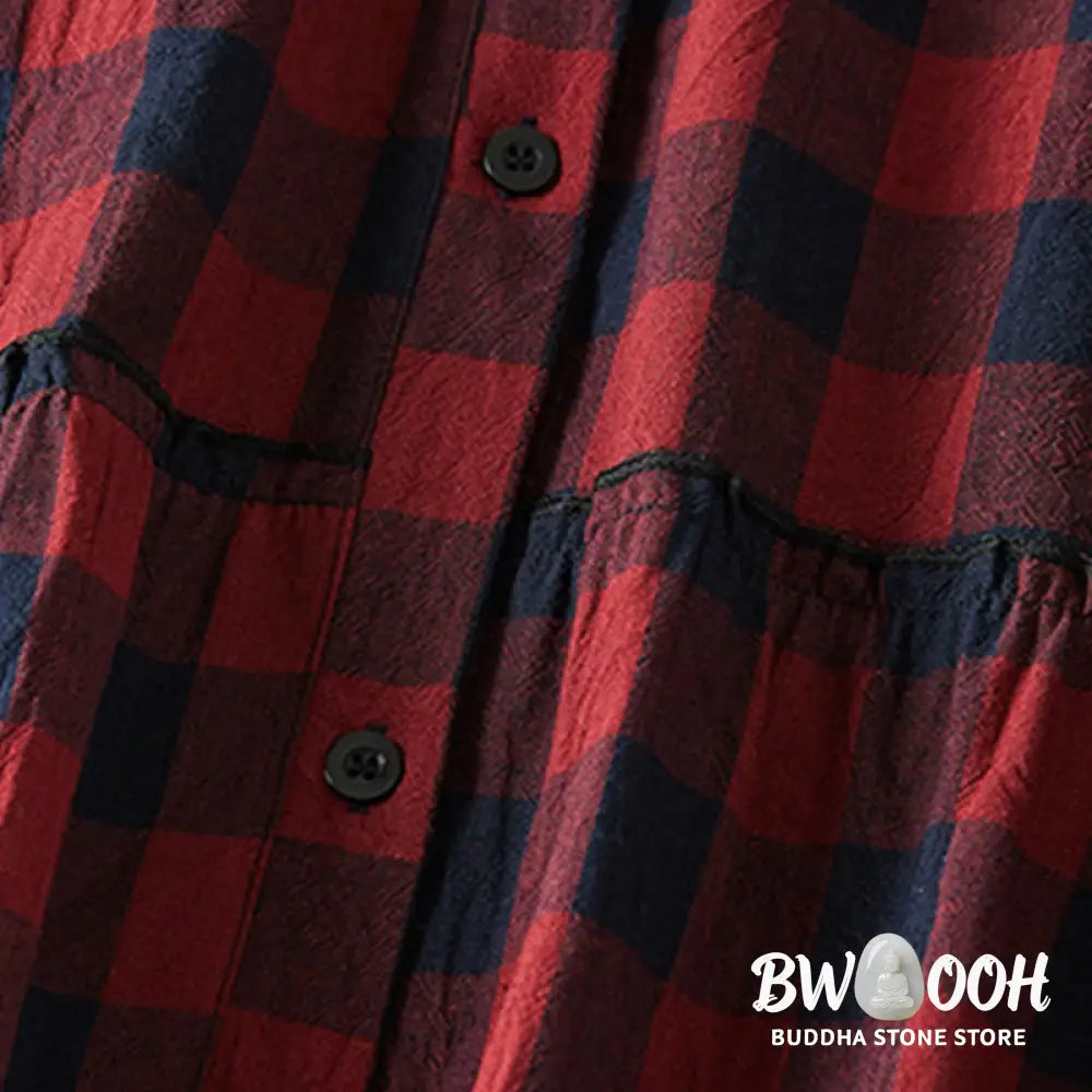 Buddha Stones Contrast Color Plaid Buttons Design Long Sleeve Midi Dress With Pockets - Midi Dress