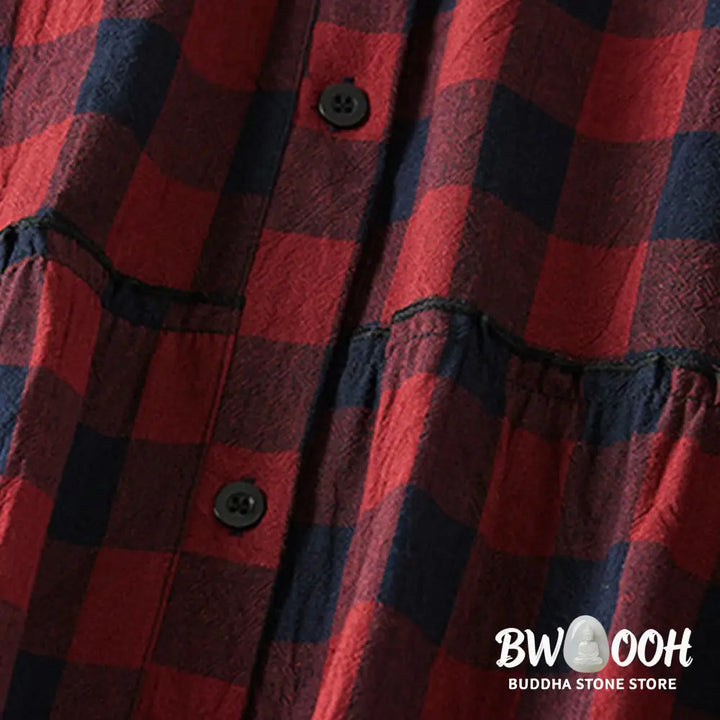 Buddha Stones Contrast Color Plaid Buttons Design Long Sleeve Midi Dress With Pockets - Midi Dress