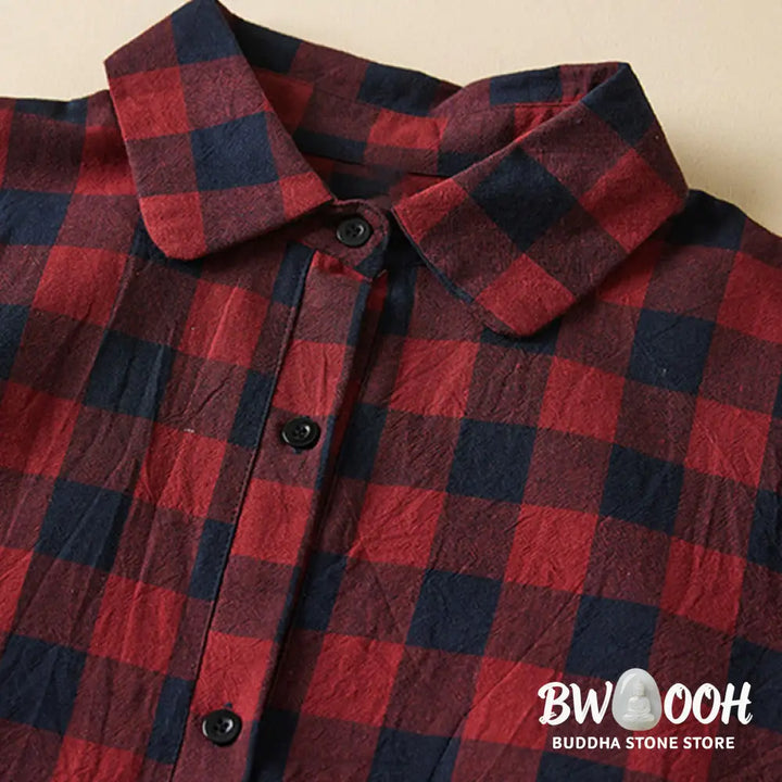 Buddha Stones Contrast Color Plaid Buttons Design Long Sleeve Midi Dress With Pockets - Midi Dress