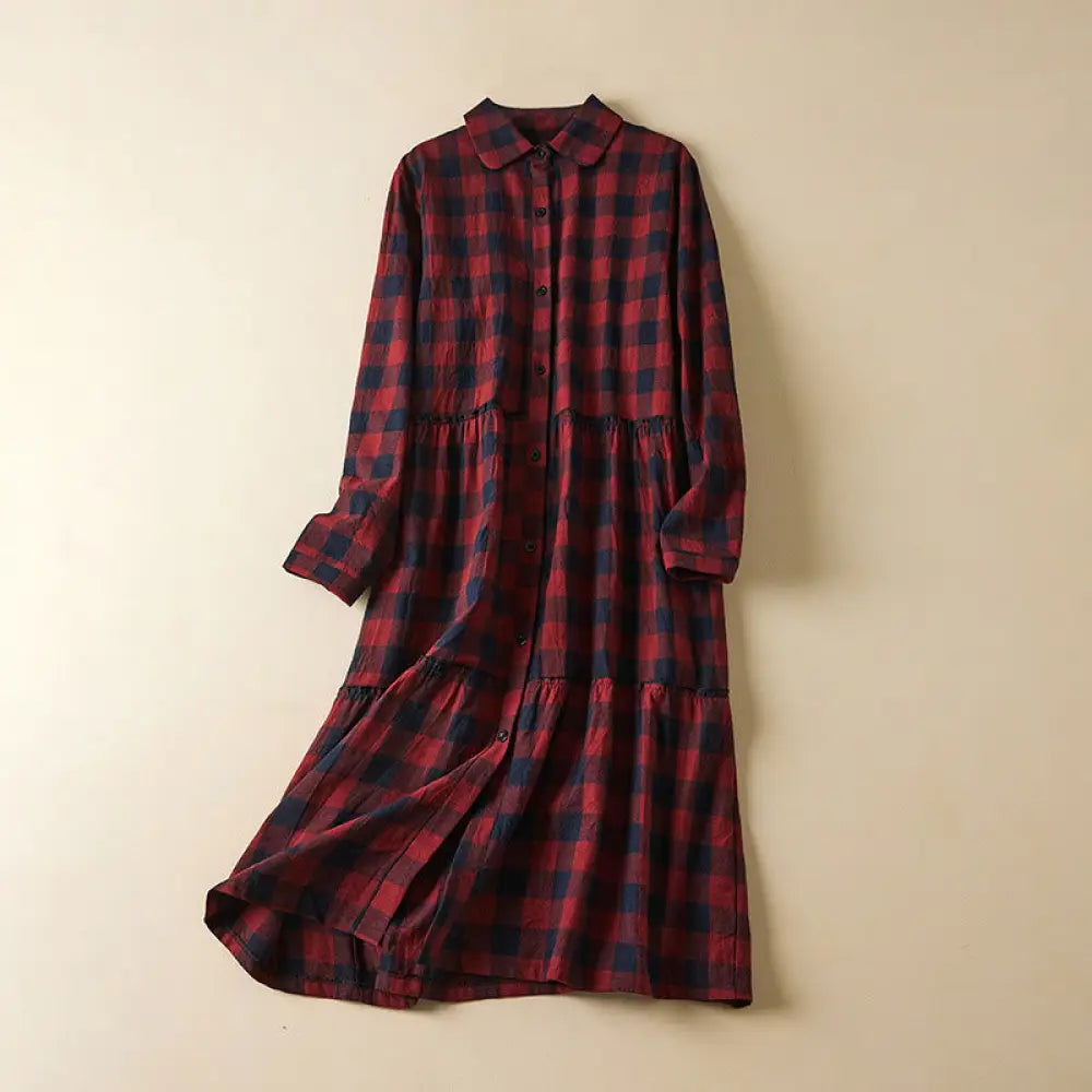 Buddha Stones Contrast Color Plaid Buttons Design Long Sleeve Midi Dress With Pockets - Crimson / US4，UK/AU8，EU36 (L)