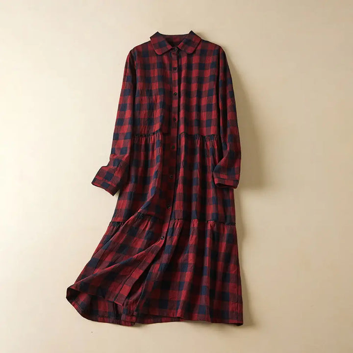 Buddha Stones Contrast Color Plaid Buttons Design Long Sleeve Midi Dress With Pockets - Crimson / US4，UK/AU8，EU36 (L)