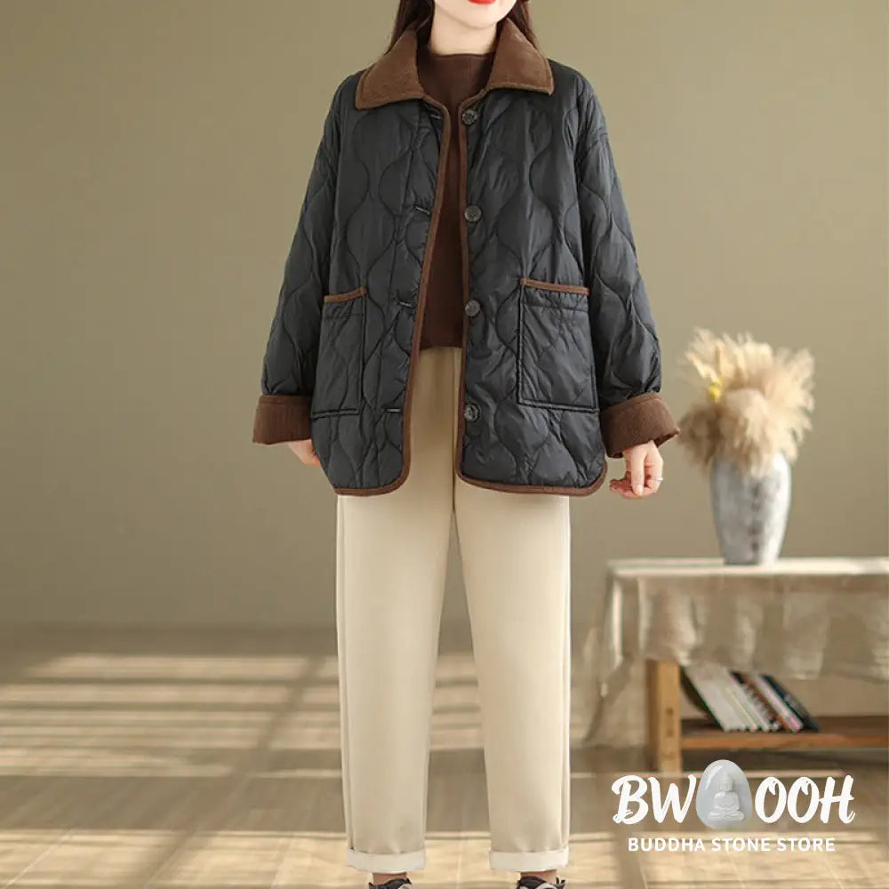Buddha Stones Contrasting Color Lapel Women’s Long Sleeve Cotton Jacket With Pockets - Women’s Jacket