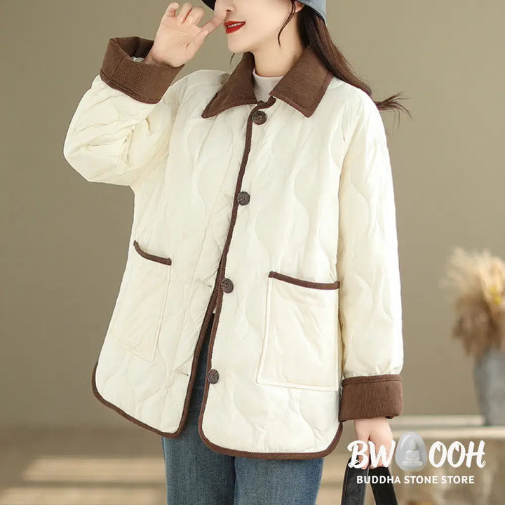 Buddha Stones Contrasting Color Lapel Women’s Long Sleeve Cotton Jacket With Pockets - Women’s Jacket