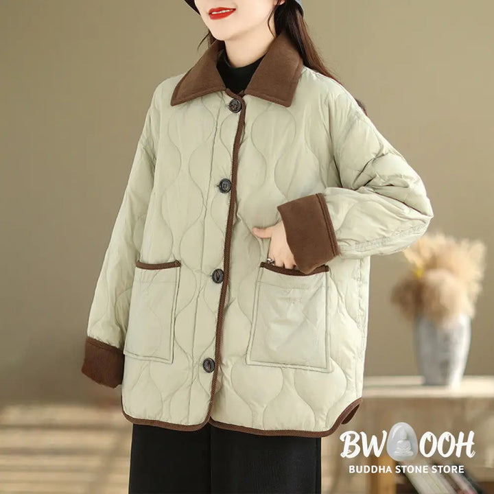 Buddha Stones Contrasting Color Lapel Women’s Long Sleeve Cotton Jacket With Pockets - Women’s Jacket