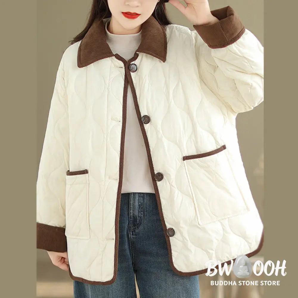 Buddha Stones Contrasting Color Lapel Women’s Long Sleeve Cotton Jacket With Pockets - Women’s Jacket