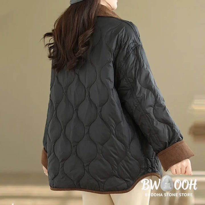 Buddha Stones Contrasting Color Lapel Women’s Long Sleeve Cotton Jacket With Pockets - Women’s Jacket