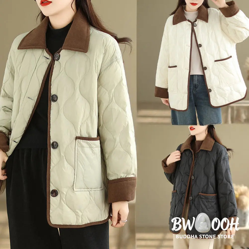 Buddha Stones Contrasting Color Lapel Women’s Long Sleeve Cotton Jacket With Pockets - Women’s Jacket
